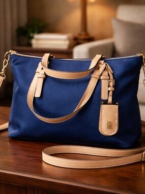 Tommy Hilfiger Navy Nylon Satchel with Tan Trim Crossbody Strap New Without Tags